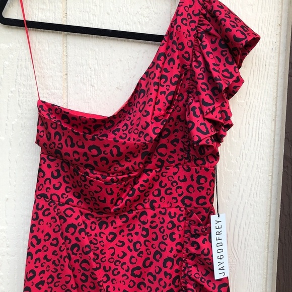 NWT Jay Godrey Red Leopard Cheetah One Shoulder Ruffle Mini Dress - Picture 4 of 8